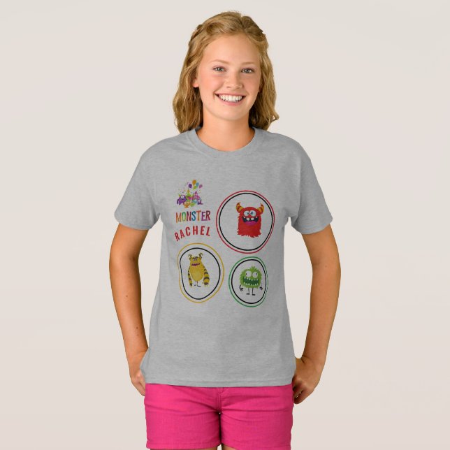 Blue FUN Monster KIDS Child Name T Shirt (Hel framsida)