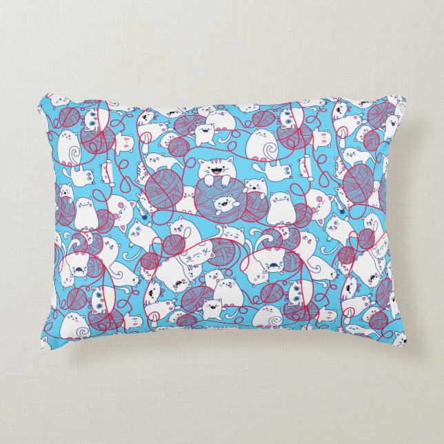 Blue Funny Cute Knitting Kitten Boll Prydnadskudde (Framsidan)