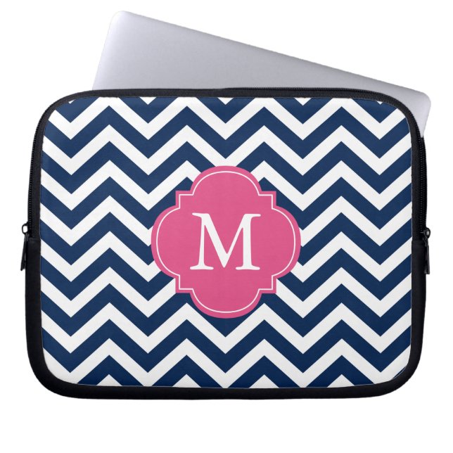 Blue & Fuschia Zigzags Mönster Monogram Laptop Sleeve (Framsidan)