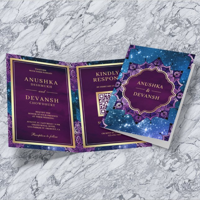 Blue Galaxy Lila Mandala QR-kod Indiska Bröllop Inbjudan (Skapare uppladdad)