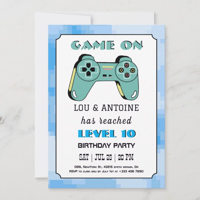 Blue Gamer Birthday Invitation Inbjudningar (Framsida)