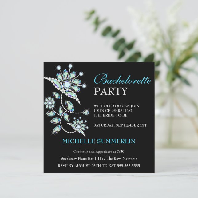 Blue Gems Blommigt Bachelorette Party-inbjudan Inbjudningar (Stående Fram)