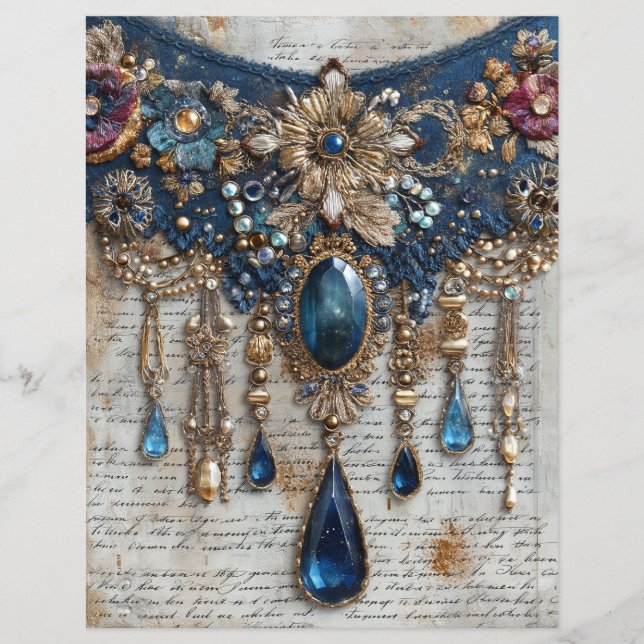 Blue Gems Embroidery Junk Journal Scrapbook Paper (Framsida)