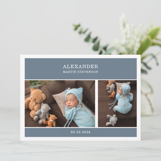 Blue Gender Neutral Photo Baby Announcement Card Inbjudningar (Stående Fram)