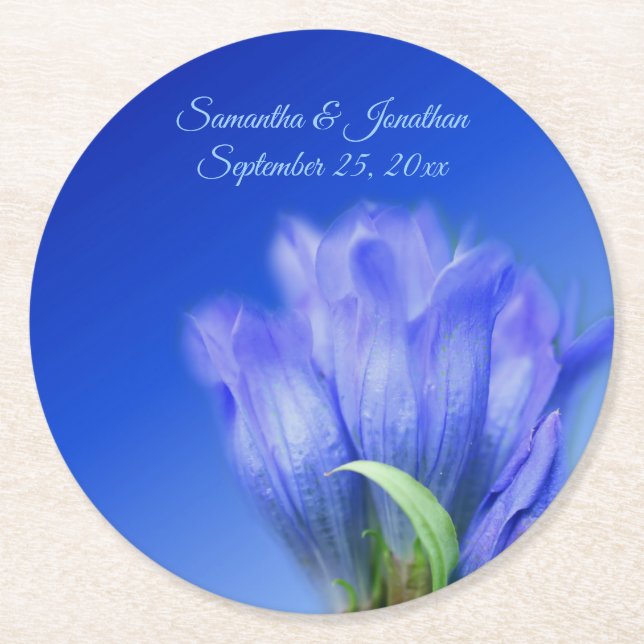 Blue Gentian Flower Personlig Bröllop Underlägg Papper Rund (Framsidan)