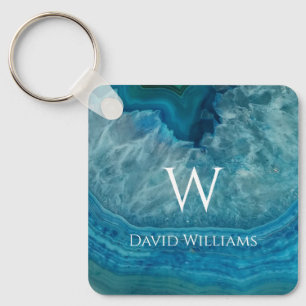 Blue Geode Agate Monogram Modern Namn & Initial Nyckelring