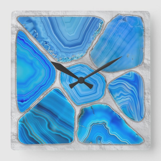 Blue Geode Agate Mosaic Flower art Fyrkantig Klocka (Framsida)