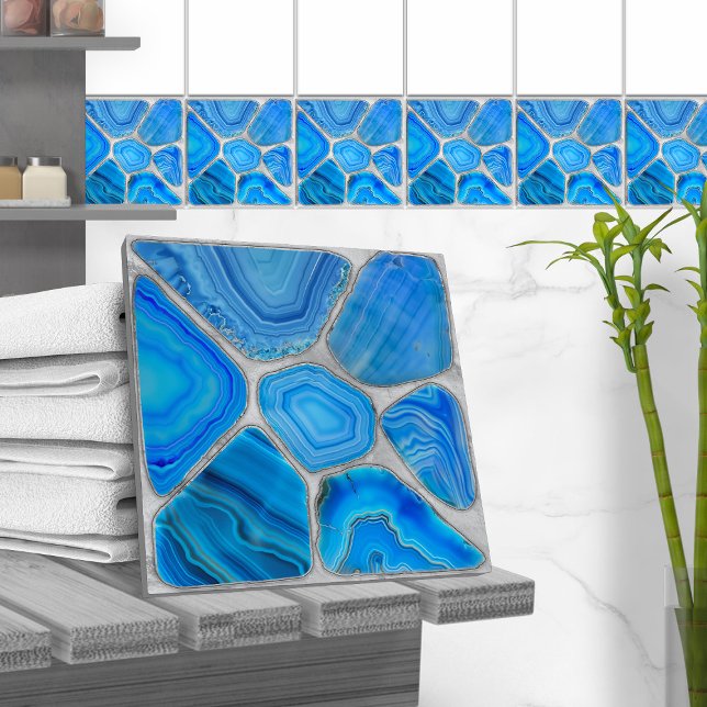 Blue Geode Agate Mosaic Flower art Kakelplatta (Skapare uppladdad)