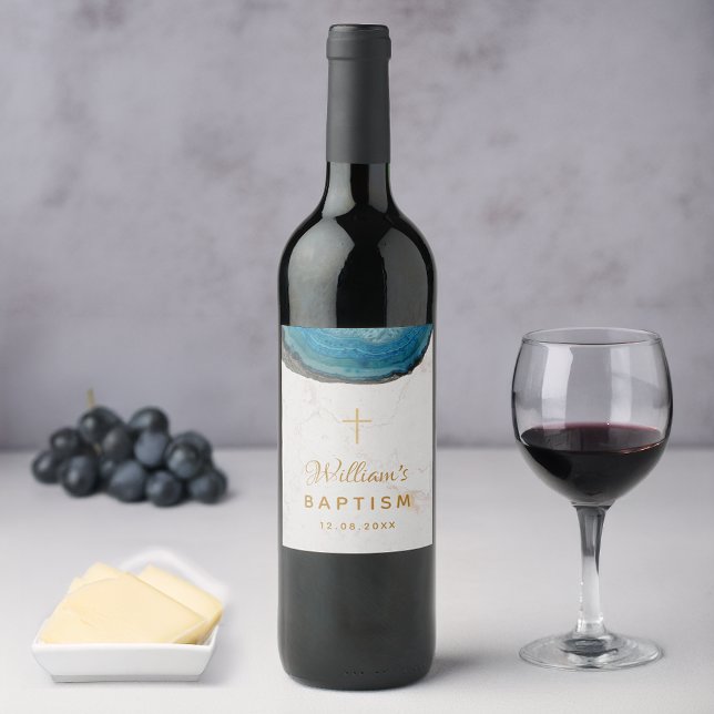 Blue Geode Boy Baptism Marble Guld Kor Agate Vinflaska Etikett (Skapare uppladdad)