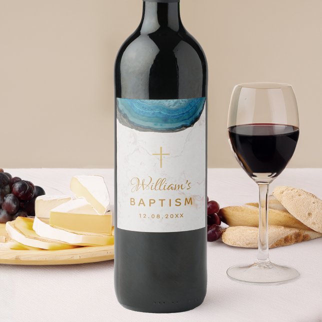 Blue Geode Boy Baptism Marble Guld Kor Agate Vinflaska Etikett (Skapare uppladdad)
