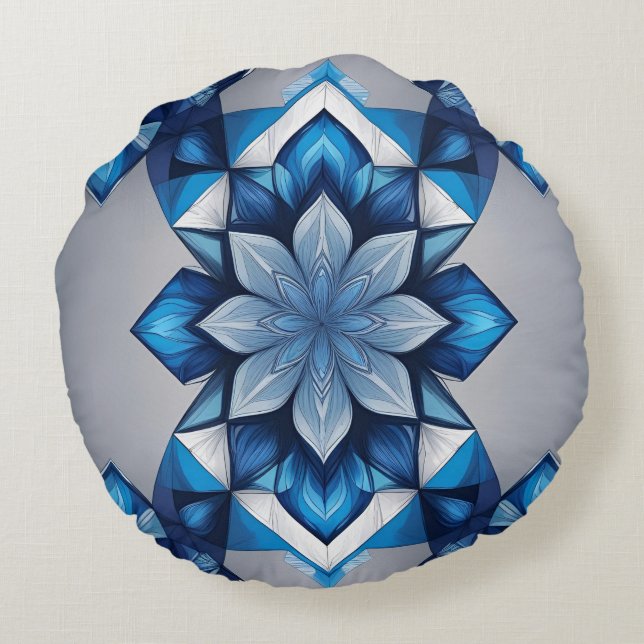 Blue Geometric Floral Mandala – Modern AI art  Rund Kudde (Baksidan)