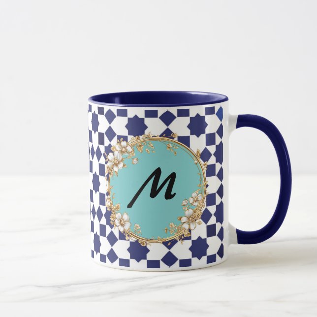 Blue Geometric Pattern Mug with Gold Floral Circle Mugg (Höger)