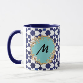 Blue Geometric Pattern Mug with Gold Floral Circle Mugg