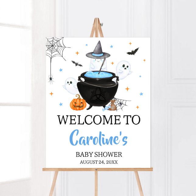 Blue Ghost Halloween Baby är välkommen Poster (Baby is Brewing Baby Shower Welcome Sign)