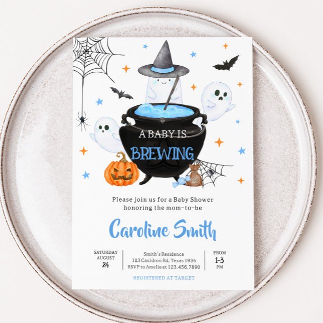 Blue Ghost Halloween Baby håller på att andas baby Inbjudningar (Baby is Brewing Baby Shower Invitation
)