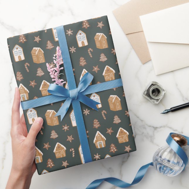 Blue Gingerbread House Christmas Pattern Presentpapper (Gifting)