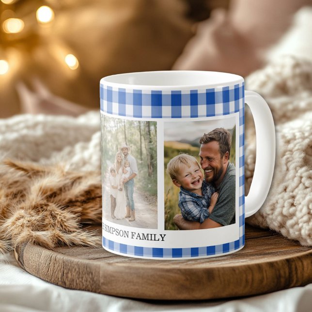 Blue Gingham 3 Photo Kaffemugg (Blue Gingham 3 Photo Coffee Mug)