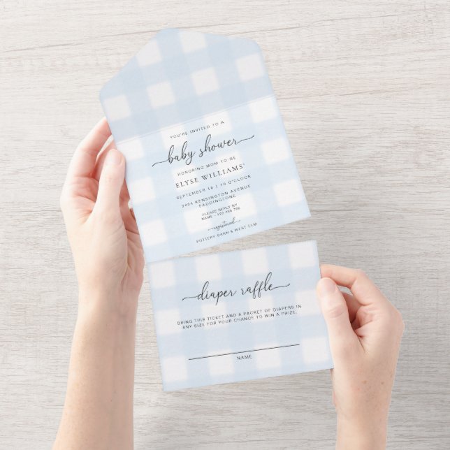 Blue Gingham all in one baby Shower-inbjudan (Tearaway)