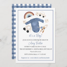 Blue Gingham and Toys Baby Boy Shower Invitation Inbjudningar