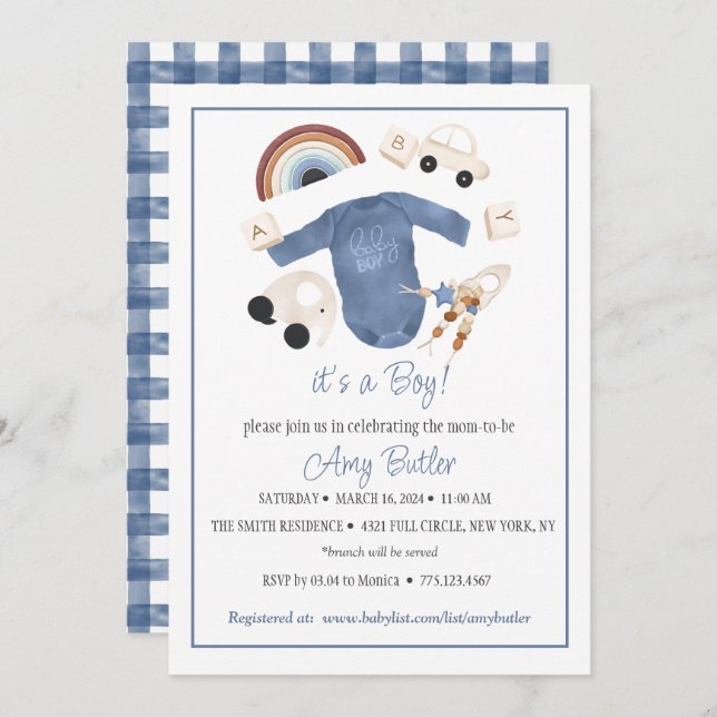 Blue Gingham and Toys Baby Boy Shower Invitation Inbjudningar (Fram/baksida)