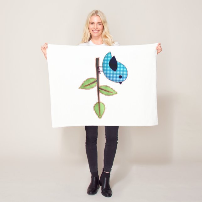 Blue Gingham Baby Bird med Embroidery Löv Fleecefilt (På plats)