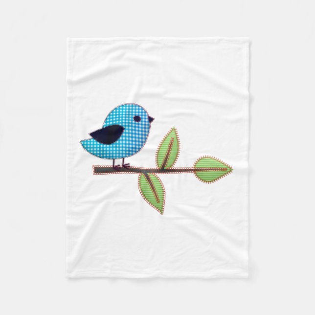 Blue Gingham Baby Bird med Embroidery Löv Fleecefilt (Framsidan)