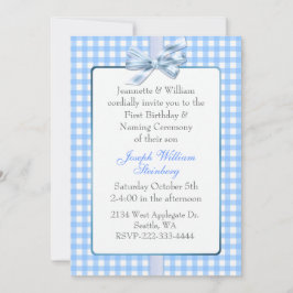 Blue Gingham Baby Birthday och Naming Ceremony Inbjudningar