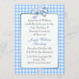 Blue Gingham Baby Birthday och Naming Ceremony Inbjudningar