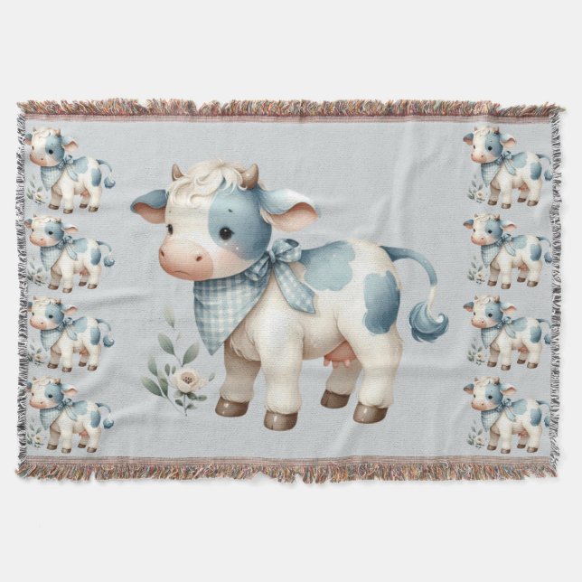 Blue Gingham Baby Cow Pastel Farm Aesthetic Filt (Framsidan)