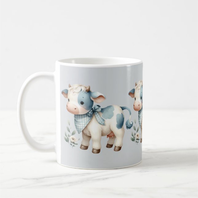 Blue Gingham Baby Cow Pastel Farm Aesthetic Kaffemugg (Vänster)