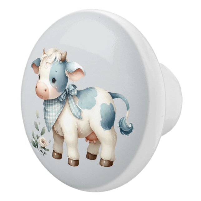 Blue Gingham Baby Cow Pastel Farm Aesthetic Knopp (Höger)