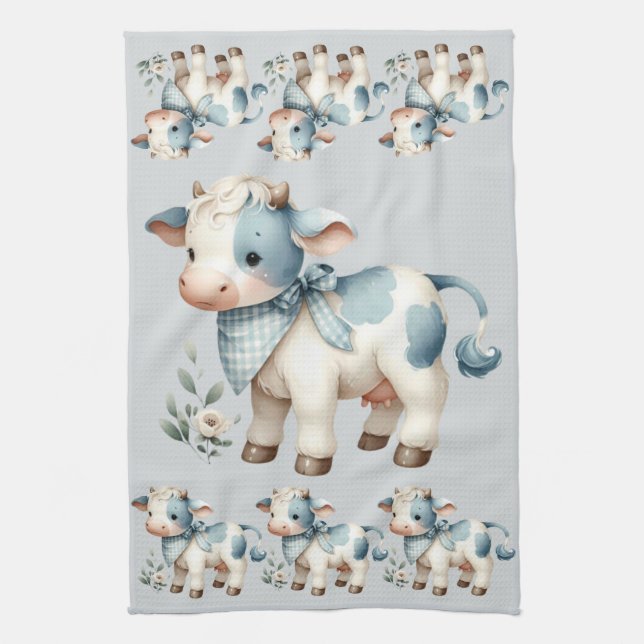 Blue Gingham Baby Cow Pastel Farm Aesthetic Kökshandduk (Vertikal)