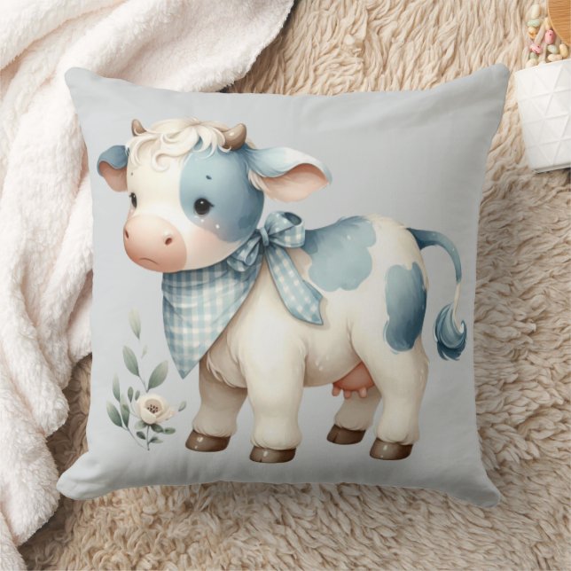 Blue Gingham Baby Cow Pastel Farm Aesthetic Kudde (Filt)