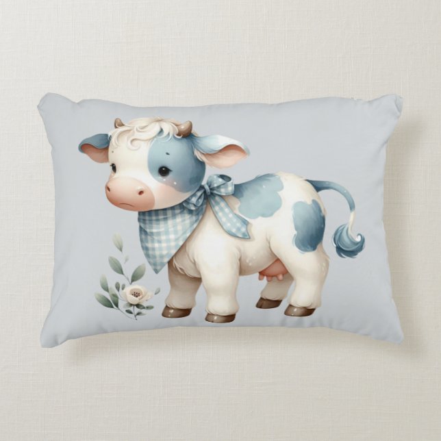 Blue Gingham Baby Cow Pastel Farm Aesthetic Prydnadskudde (Framsidan)