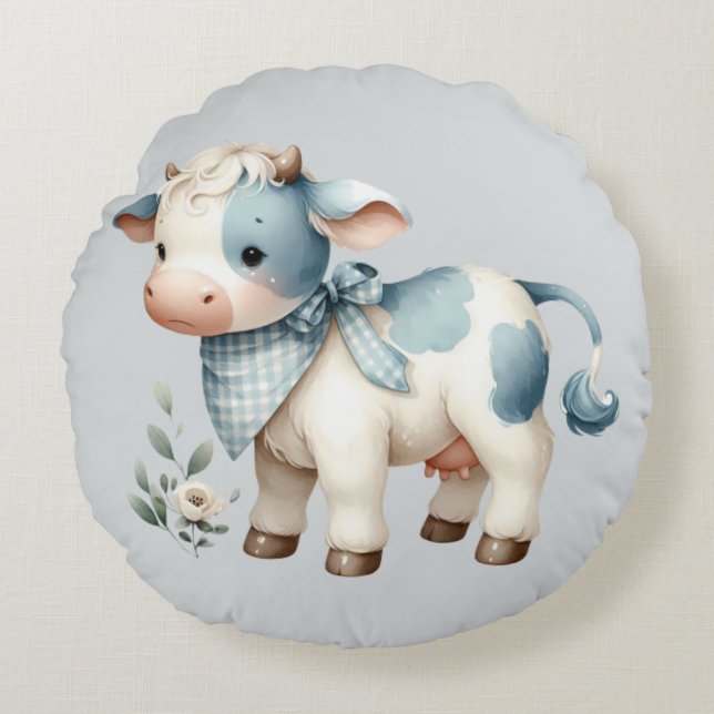 Blue Gingham Baby Cow Pastel Farm Aesthetic Rund Kudde (Framsidan)