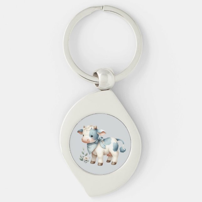 Blue Gingham Baby Cow Pastel Farm Aesthetic Swirl Silverfärgad Nyckelring (Framsidan)