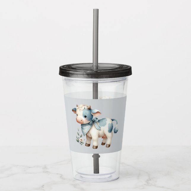 Blue Gingham Baby Cow Pastel Farm Aesthetic Take Away Mugg (Framsida)