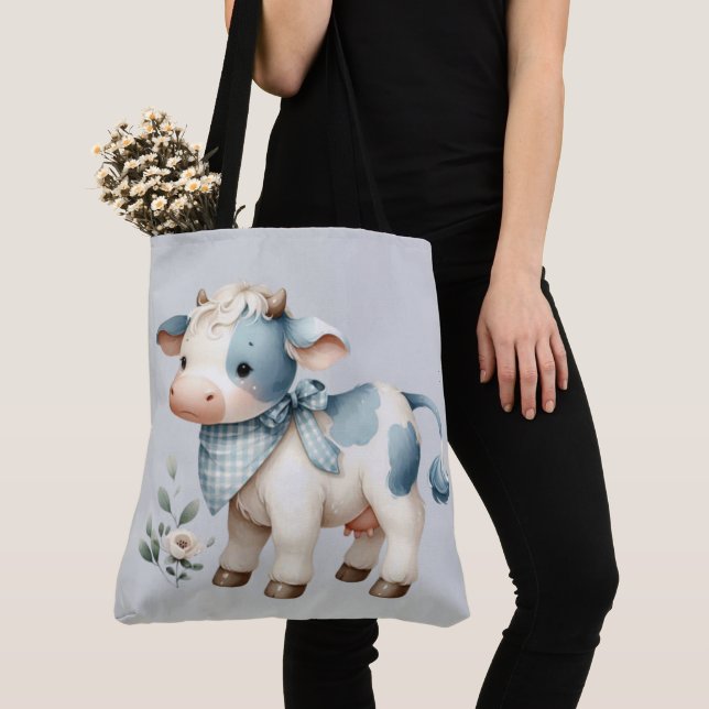 Blue Gingham Baby Cow Pastel Farm Aesthetic Tygkasse (Närbild)