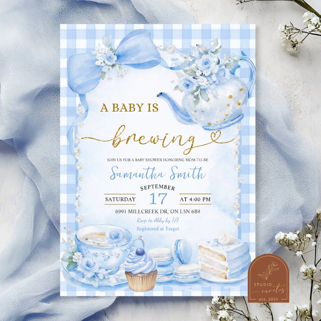 Blue Gingham Baby förbereder Babyfirande Inbjudningar (Skapare uppladdad)