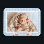 Blue Gingham Baby Photo Magnet<br><div class="desc">Den här söta fotomagneten i baby har en söt blått gingham mönster med ställe för att lägga in baby fotot.</div>