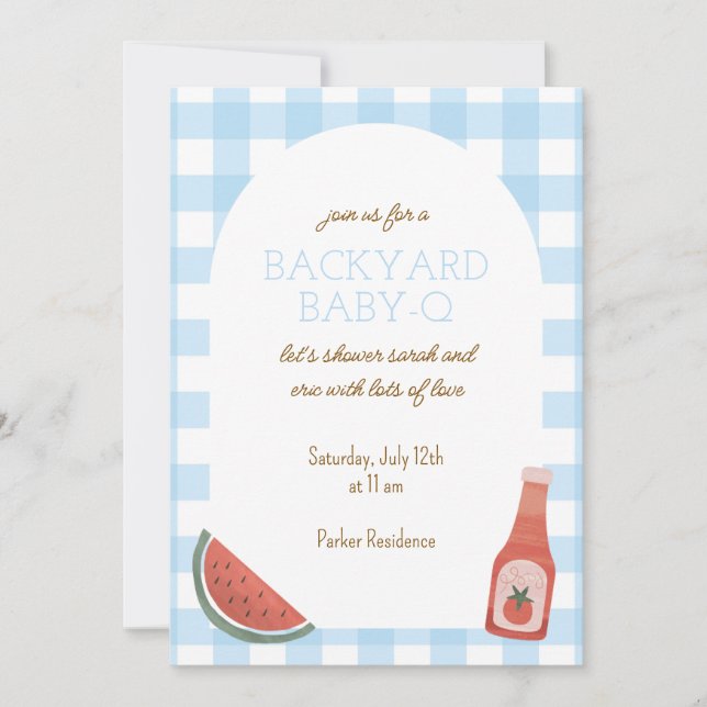 Blue Gingham Baby-Q Baby Shower Invitation Inbjudningar (Framsida)