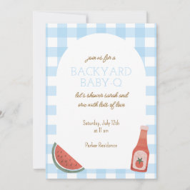 Blue Gingham Baby-Q Baby Shower Invitation Inbjudningar