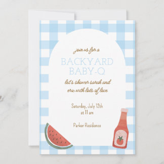 Blue Gingham Baby-Q Baby Shower Invitation Inbjudningar