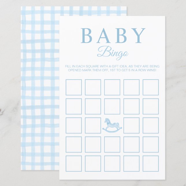 Blue Gingham Baby Shower Bingo Game Card (Fram/baksida)
