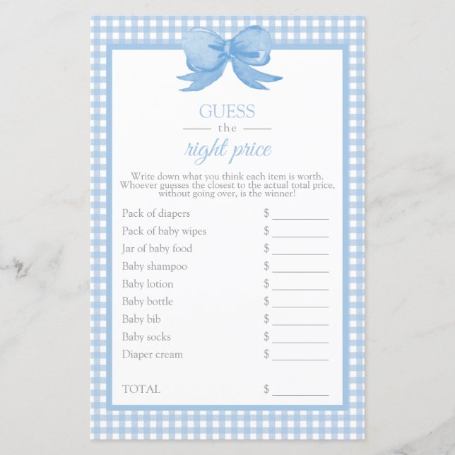 Blue Gingham Baby Shower gissar Prist spel (Framsida)