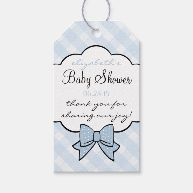 Blue Gingham Baby Shower Guest Favests Tack Presentetikett (Framsidan)