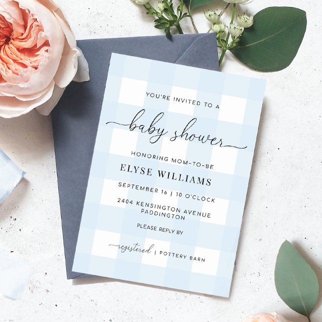 Blue Gingham Baby Shower-inbjudan Inbjudningar (Baby Shower Invitation Blue Gingham Check)