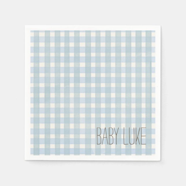 Blue Gingham Baby Shower Napkin Pappersservett (Framsidan)