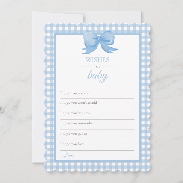 Blue Gingham Baby Shower Önskemål för Baby Card Inbjudningar (Framsida)