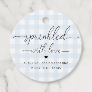 Blue Gingham Baby Shower Sprinkled with Kärlek Gåvor Etiketter